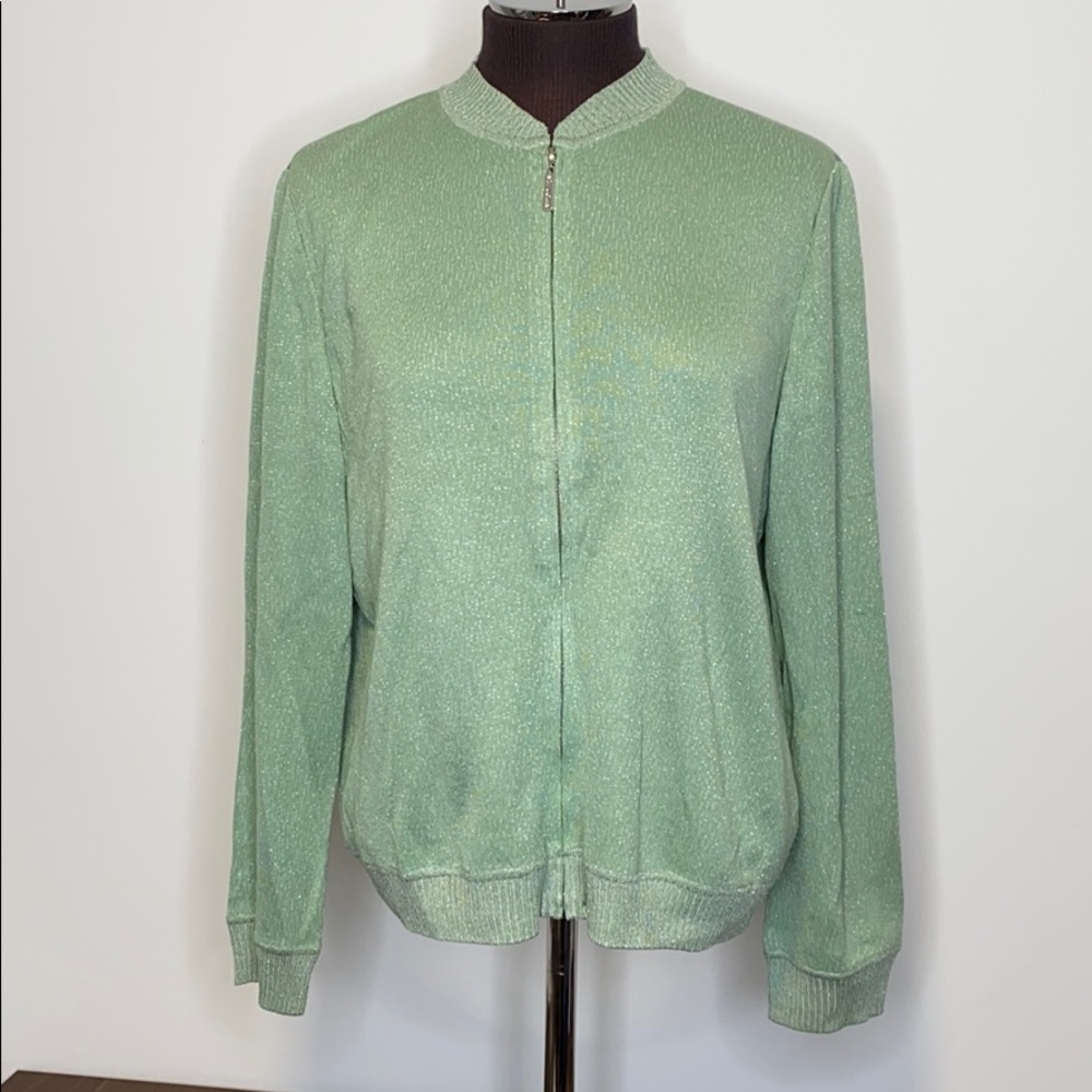 St. John Sport by Marie Gray Mint Green Zip Front Sparkle Cardigan